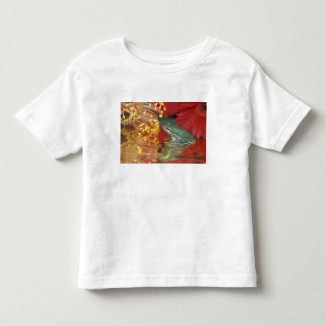 Camiseta Infantil Sapo e reflexos entre flores. Crédito como: (Frente)