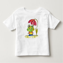 Camiseta Infantil Sapo verde branco sob uma flor vermelha