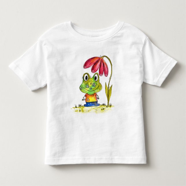 Camiseta Infantil Sapo verde branco sob uma flor vermelha (Frente)