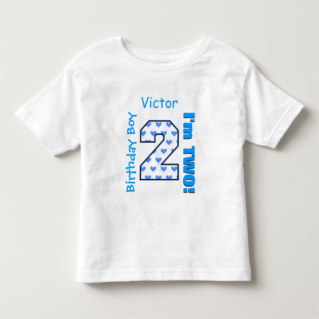 Camiseta Infantil segundo aniversário Boy Blue Hearts com dois anos  (Frente)