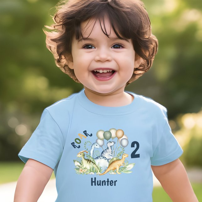 Camiseta Infantil Segundo aniversário de Nome Verde Azul do Menino D (Dinosaur Boy Blue Green Name 2nd Birthday Toddler T-shirt)