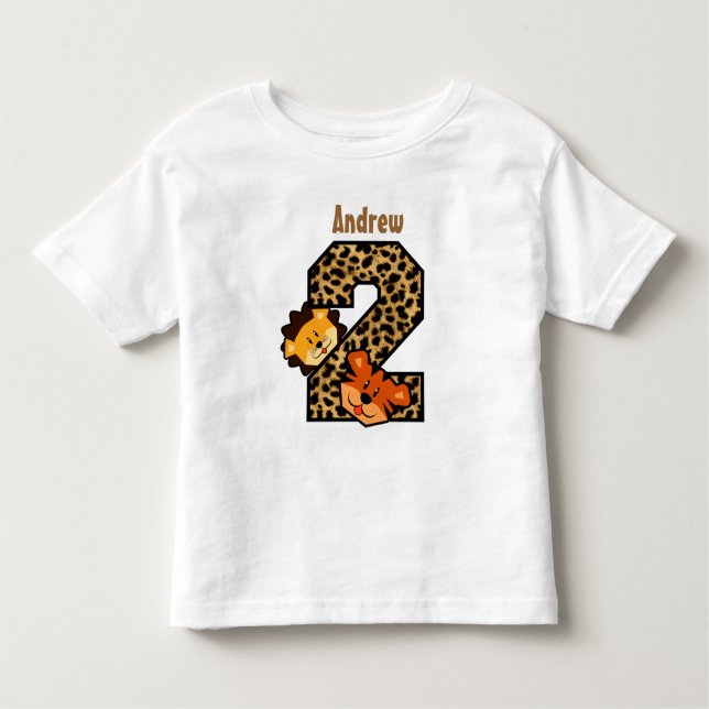 Camiseta Infantil segundo aniversário Leopard Tiger Lion 2 Anos (Frente)