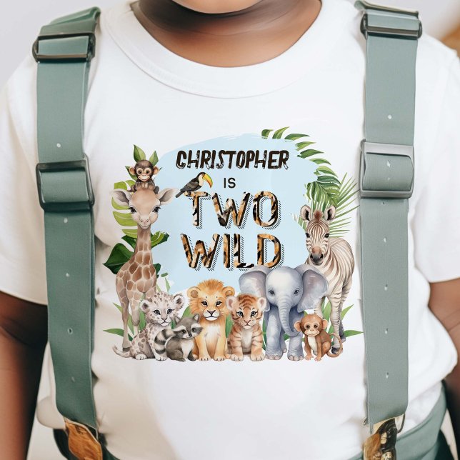 Camiseta Infantil Segundo aniversário Safari de Menino Selvagem e Pe (Blue Two Wild Safari Themed Baby Boy 2nd birthday T-shirt.)