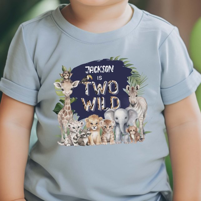 Camiseta Infantil Selva Safari Azul Duas ETIQUETA segundo aniversári (Blue Safari Themed, Two Wild 2nd birthday T-shirt)