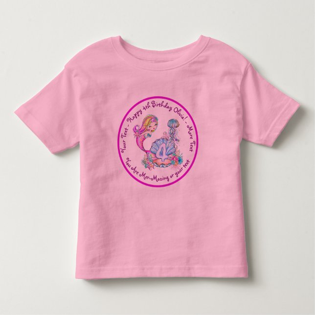Camiseta Infantil Sereia 4º Aniversário Alterar Editar Personalizar  (Frente)