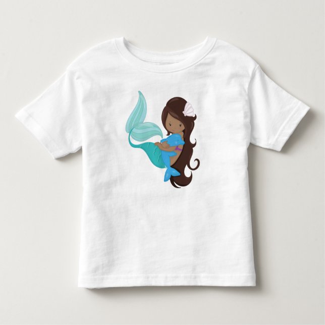 Camiseta Infantil Sereia Afro-Americana, Cabelo Marrom, Golfinho (Frente)