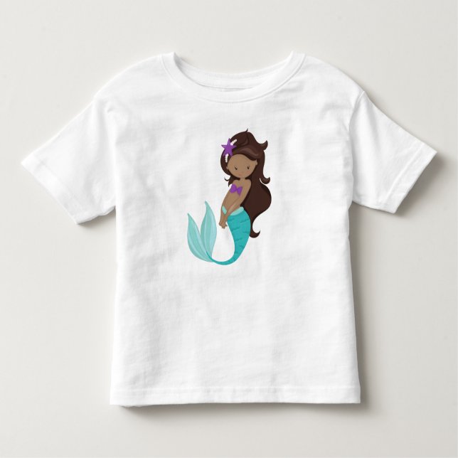 Camiseta Infantil Sereia Afro-Americana, Cabelo Marrom, Peixe-Estrel (Frente)
