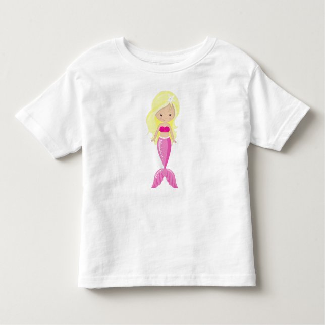 Camiseta Infantil Sereia Bonita, Pequena Sereia, Cabelo Loiro, Cauda (Frente)