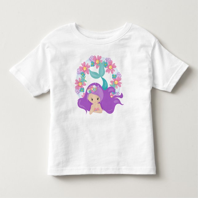 Camiseta Infantil Sereia Bonita, Pequena Sereia, Cabelo Roxo, Flores (Frente)