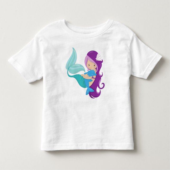 Camiseta Infantil Sereia Bonita, Pequena Sereia, Cabelo Roxo, Golfin (Frente)