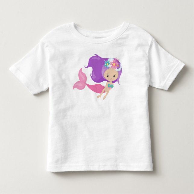 Camiseta Infantil Sereia Bonita, Pequena Sereia, Flores, Cabelo Roxo (Frente)