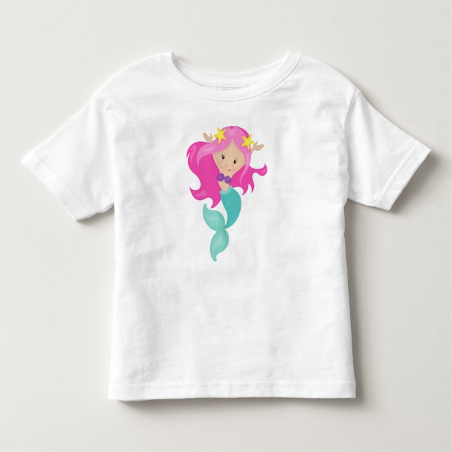 Camiseta Infantil Sereia Bonita, Pequena Sereia, Starfish, Cabelo Ro (Frente)