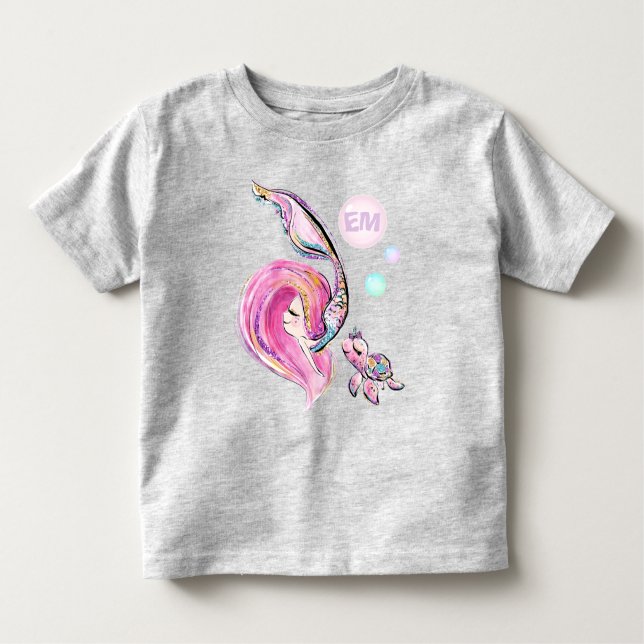 Camiseta Infantil Sereia e tartarugas marinhas Amigos, Adicionar Ini (Frente)