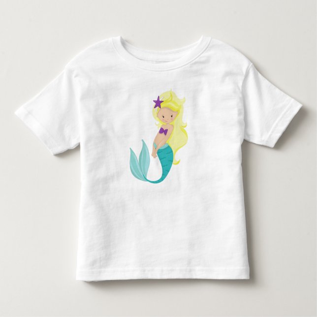 Camiseta Infantil Sereia Fofa, Sereiazinha, Cabelo Loiro, Estrela (Frente)