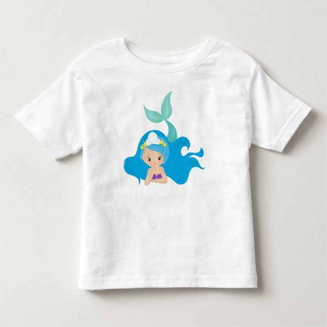 Camiseta Infantil Sereia Gira, Cabelo Azul, Pequena Sereia, Fécula (Frente)