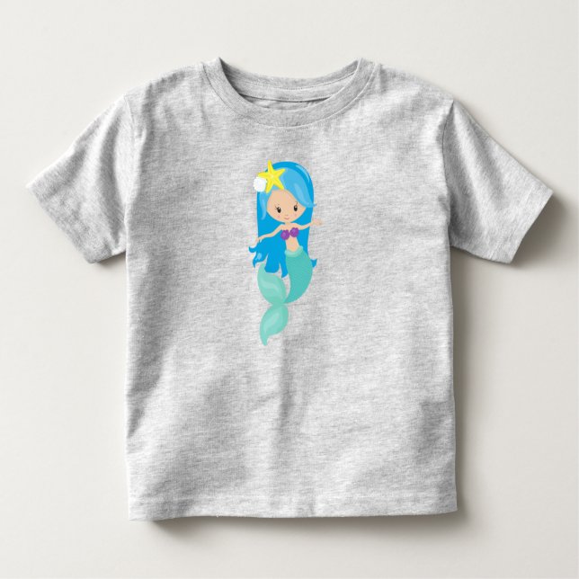 Camiseta Infantil Sereia Gira, Pequena Sereia, Cabelo Azul, Fécula (Frente)