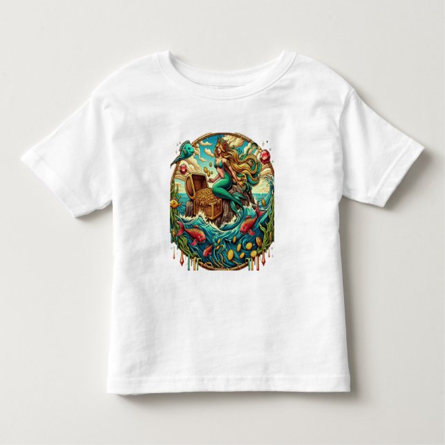 Camiseta Infantil Sereia sentada numa rocha com um tesouro aberto (Frente)