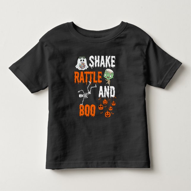 Camiseta Infantil Shake, Rattle, Boo Skeleton Zombie Diversão Hallow (Frente)