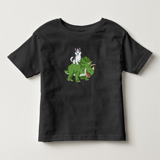 Camiseta Infantil Siberian Husky Oferece Tricerátops (Frente)