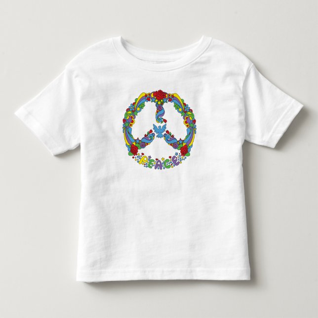 Camiseta Infantil Símbolo de paz com flores e estrelas estilo pop-ar (Frente)