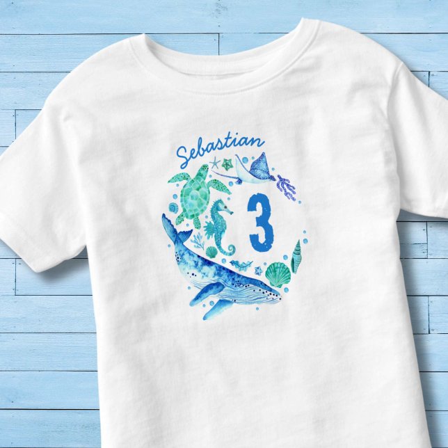 Camiseta Infantil Sob o Mar Aniversário Garoto Aquarela Oceânica Ani (Under the Sea Birthday Boy Watercolor Ocean Animal Toddler T-shirt)
