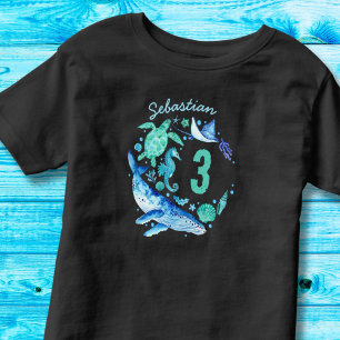 Camiseta Infantil Sob o Mar Birthday Boy Blue Watercolor