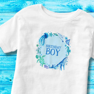 Camiseta Infantil Sob o Mar Birthday Boy Blue Watercolor