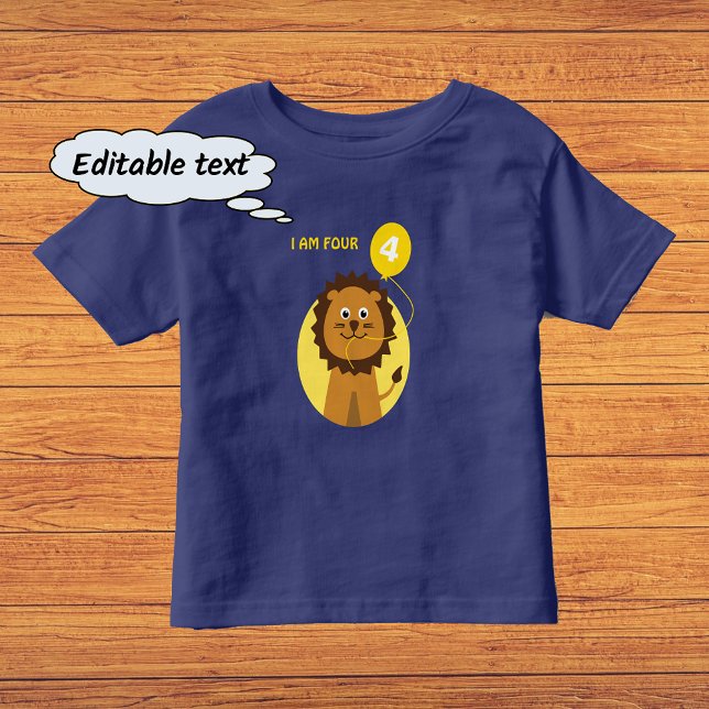 Camiseta Infantil Sou quatro leões de balão amarelo (This example is the navy blue t-shirt color option)
