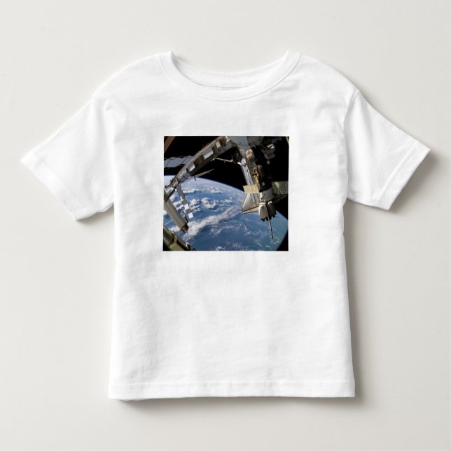 Camiseta Infantil Space Shuttle Atlantis e uma espaçonave Soyuz (Frente)