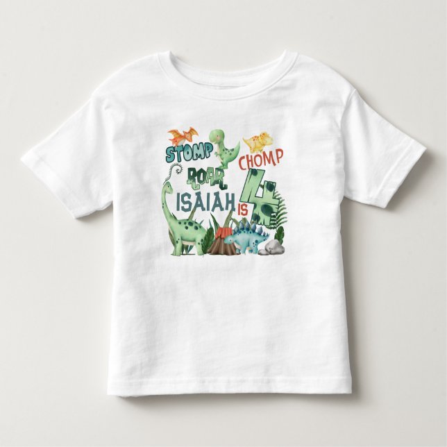 Camiseta Infantil Stomp Chomp Roar Dinossaur 4º Aniversário (Frente)