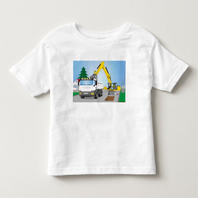 Camiseta Infantil Straßenbaustelle com CAMIÕES COM REBOQUE brancos e (Frente)