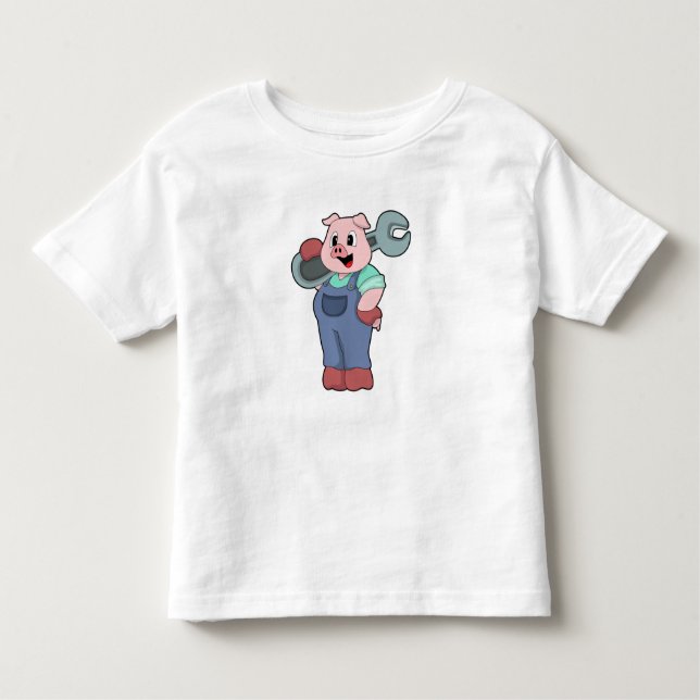 Camiseta Infantil Suíno como mecânico com chave inglesa (Frente)