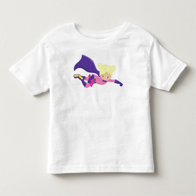 Camiseta Infantil Super-herói Garota, Herói, Cabelo Louro, Cabo Roxo (Frente)