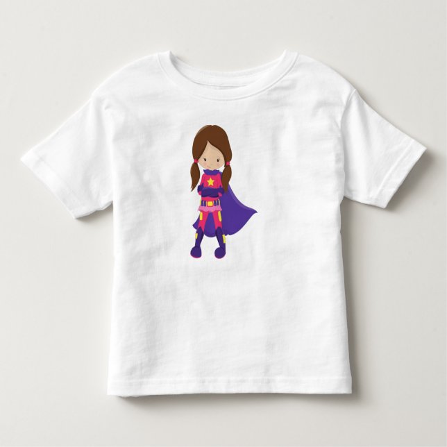 Camiseta Infantil Super-Herói Rapariga, Cabelo Marrom, Garota Bonita (Frente)