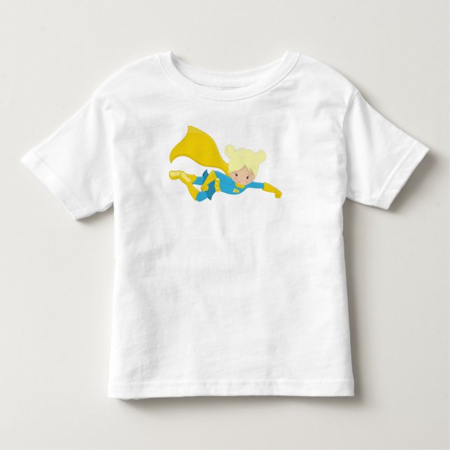 Camiseta Infantil Super-heroína, Cabelo Loiro, Herói, Cabo Amarelo (Frente)