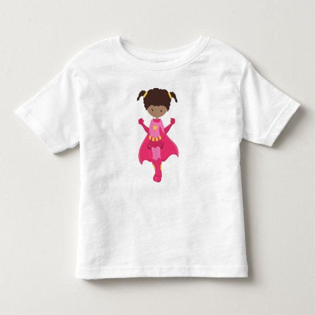 Camiseta Infantil Super-Heroína Negra, Menina Afro-Americana, Cape R (Frente)