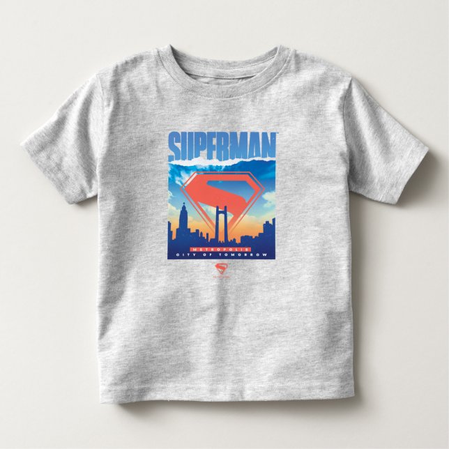 Camiseta Infantil Super-Homem Panorama de Metrópolis (Frente)