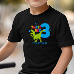 Camiseta Infantil T Rex Boys Cute 3rd Birthday Personalized Name<br><div class="desc">Cute 3rd Birthday Colorful T Res Toddler T-shirt.   This boys 3rd birthday t shirt has a green t rex,    the number 3,   the words Three Rex,  and his name. The perfect shirt to wear at his birthday party and after.</div>