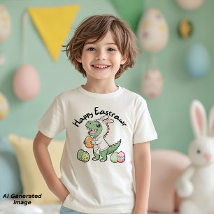 Camiseta Infantil T-Rex Dinossauro Fofo Feliz Páscoa para Meninos