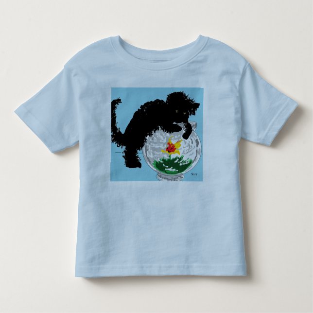 CAMISETA INFANTIL T-SHIRT CAT TENTANDO ENTRAR NA NAVE DE PEIXE (Frente)