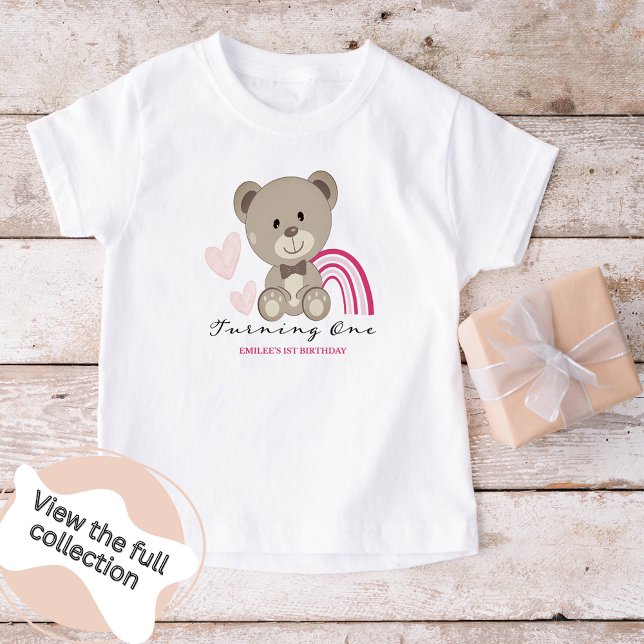 Camiseta Infantil T-shirt Teddy Bear primeiro aniversario Rosa Toddl (Criador carregado)