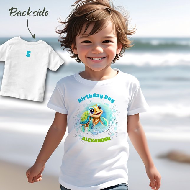 Camiseta Infantil Tartaruga-do-mar-branca Aniversário Número do Meni (Cute Sea Turtle Birthday Boy Name Number Toddler T-shirt)