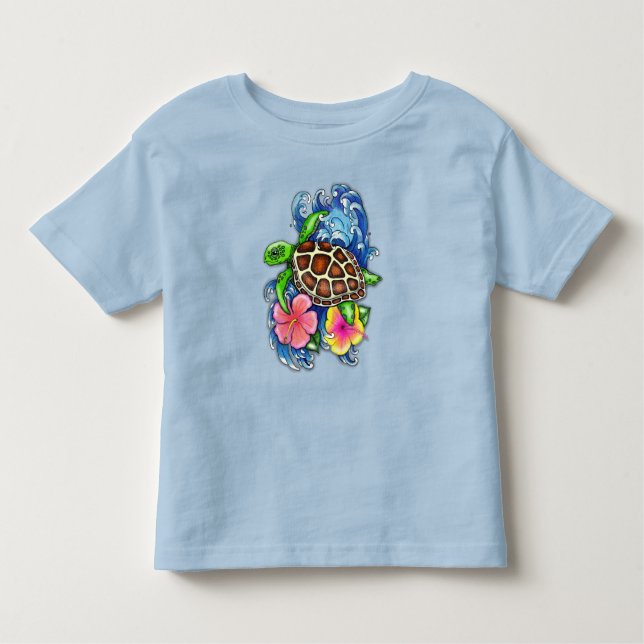 Camiseta Infantil Tartaruga do Mar Tropical e Hibiscus (Frente)