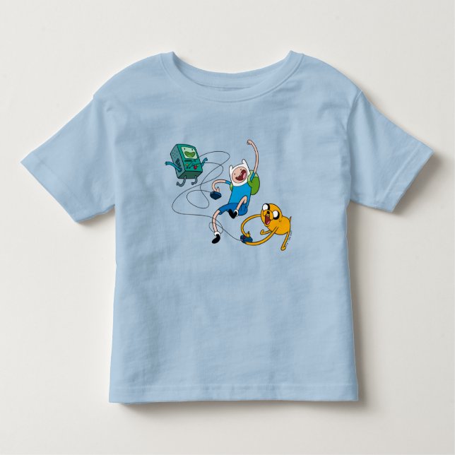 Camiseta Infantil Tempo de Aventura | Finn & Jake Brincar Com T-Shir (Frente)