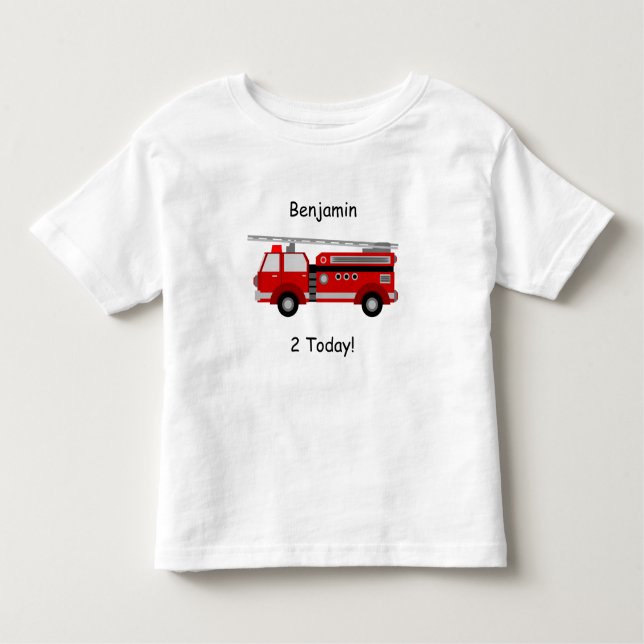 Camiseta Infantil Toddler Fire Truck T-Shirt com Nome e "2 Hoje!" (Frente)