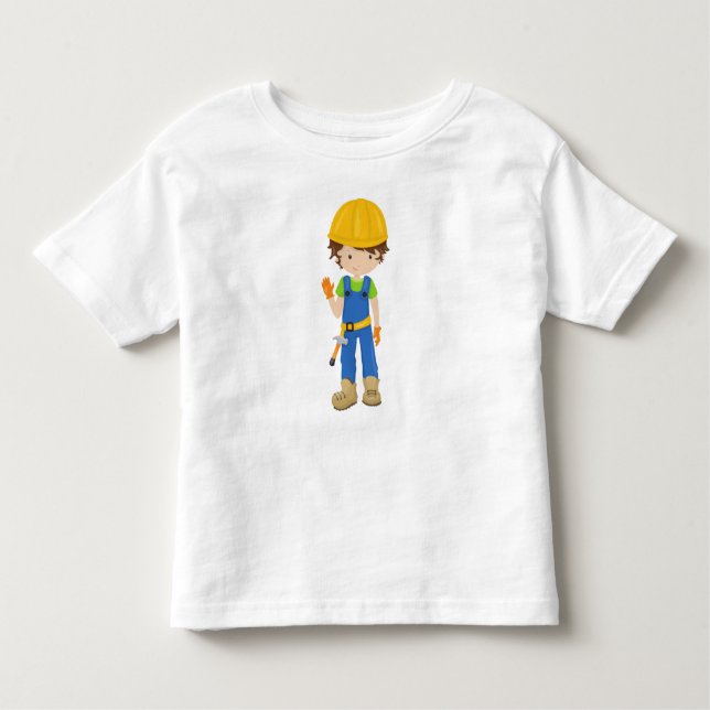 Camiseta Infantil Trabalhador de Construção, Cabelo Castanho, Garoto (Frente)