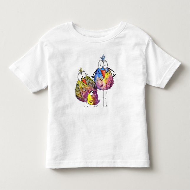 Camiseta Infantil Três Belas Aves Coloridas Brancas (Frente)
