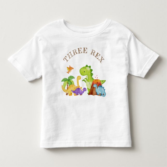 Camiseta Infantil Três Crianças Rex Festa de aniversário de 3 anos D (Frente)