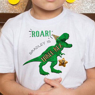 Camiseta Infantil Três-Rex Dinossauro 3º Aniversário