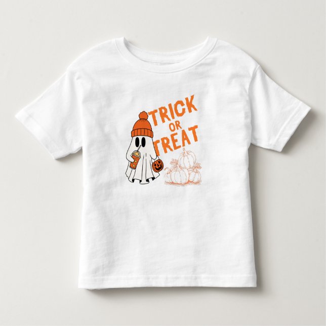 Camiseta Infantil Trick ou Tratar design fantasma com latão de abóbo (Frente)